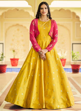 Yellow Cotton Embroidery Gown With Koti